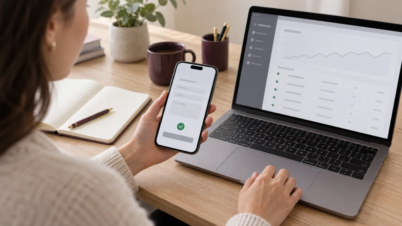 Telefonda gönderilen test formunun dönüşüm olarak dizüstü bilgisayardaki Google Ads panosuna düştüğünü kontrol eden kişi