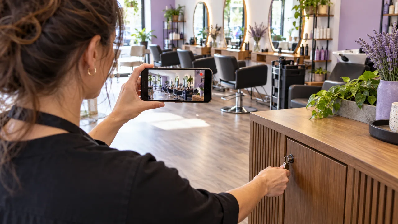 Kuaför salonunun içinde telefonuyla video doğrulama kaydı alan işletme sahibi