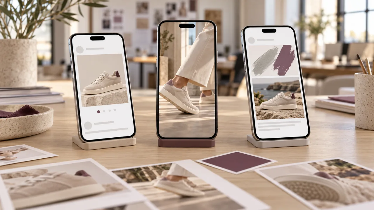 Üç telefonda gönderi, dikey video ve karusel biçiminde hazırlanmış reklam örnekleri