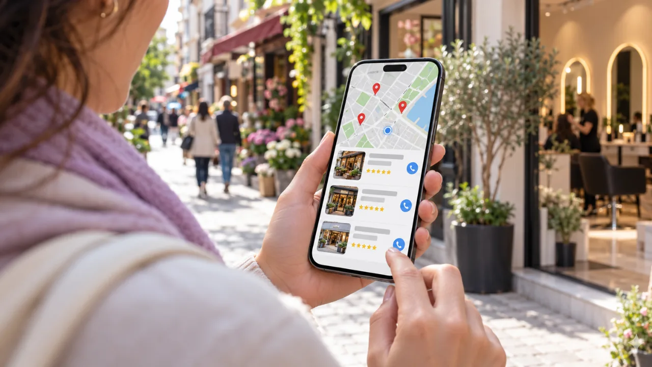 Sokakta telefonuyla harita sonuçlarına bakıp işletme kartlarından birini arayan kişi