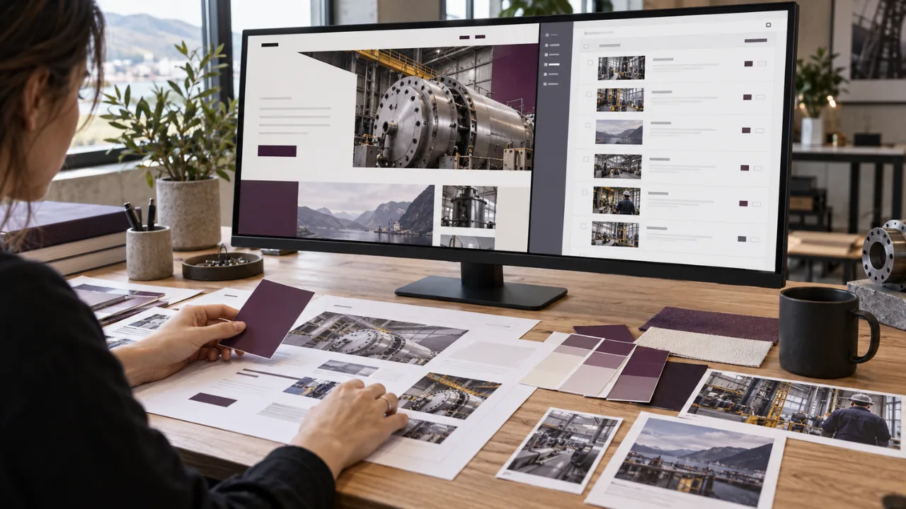 Renk kartelaları ve basılı sayfa düzenleriyle kurumsal web sitesi tasarımını hazırlayan tasarımcı